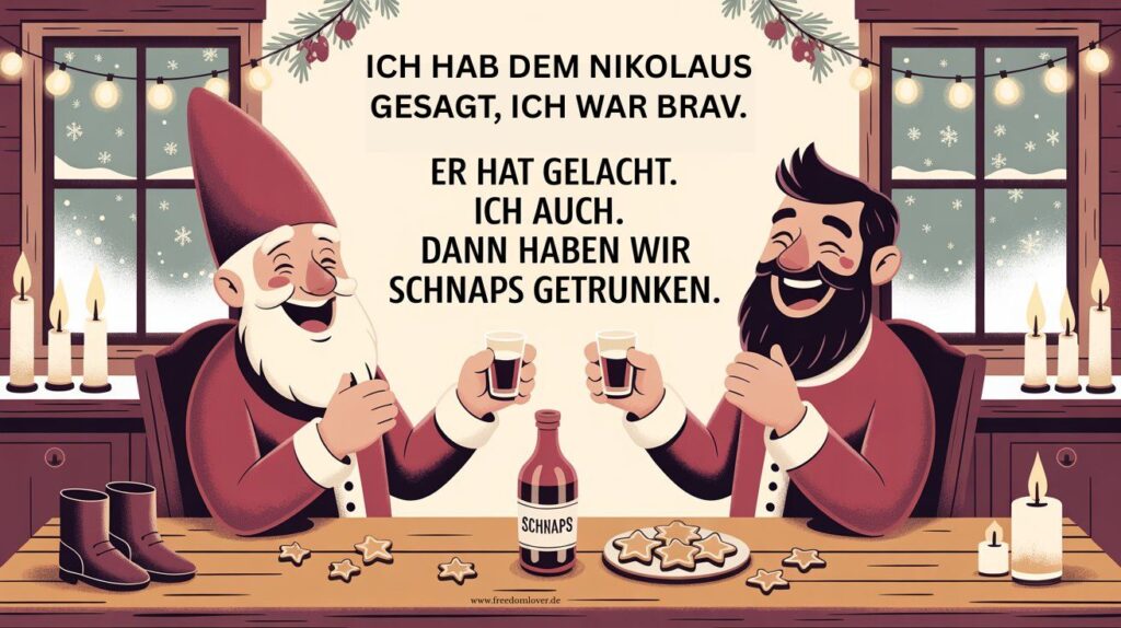 Illustration von Nikolaus und einem Mann, die gemeinsam lachen und Schnaps trinken – humorvolles Motiv mit witzigem Nikolaus-Spruch für den 6. Dezember.