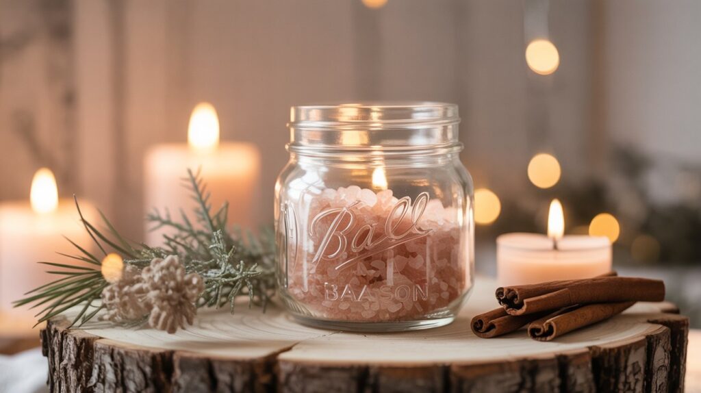 Ein Glas mit rosafarbenem Badesalz auf einem Holzbrett, dekoriert mit Zimtstangen, Tannenzweigen und brennenden Kerzen – warmes, gemütliches Licht.