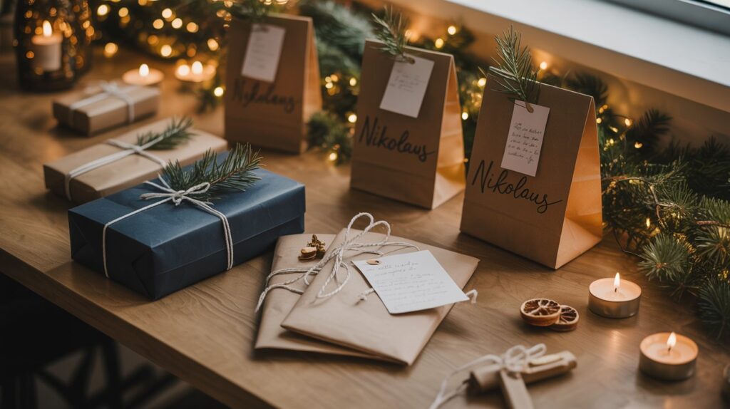 Auf einem festlich geschmückten Holztisch stehen liebevoll verpackte Nikolausgeschenke für Kollegen und Mitarbeiter. Zwischen braunen Geschenktüten mit der Aufschrift „Nikolaus“ liegen kleine Päckchen in Natur- und Blautönen, verziert mit Tannenzweigen, Kerzenlicht und weihnachtlicher Deko – eine warme, stimmungsvolle Büroszene.