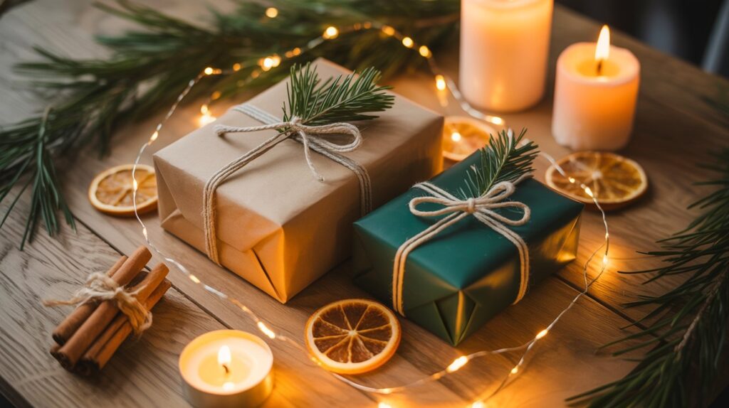 Zwei liebevoll verpackte Nikolausgeschenke liegen auf einem Holztisch, umgeben von brennenden Kerzen, Lichterkette, Zimtstangen, getrockneten Orangenscheiben und Tannenzweigen. Die Päckchen sind in Kraftpapier und grünem Papier eingewickelt und mit Naturgarn und Tannenzweigen dekoriert – eine warme, festliche Atmosphäre.