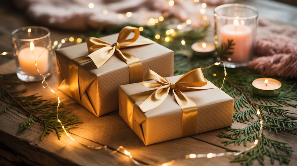 Zwei liebevoll verpackte Nikolausgeschenke mit goldenen Schleifen liegen auf einem Holztisch, umgeben von Kerzen, Lichterketten und grünen Tannenzweigen. Die warme Beleuchtung schafft eine festliche und gemütliche Stimmung – perfekt für Mama, Papa oder die Eltern.