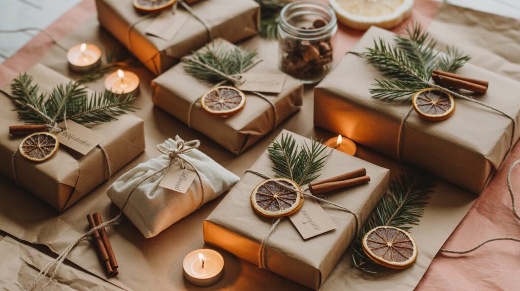 Mehrere liebevoll verpackte Nikolausgeschenke liegen auf einem Tisch. Die Päckchen sind in braunes Kraftpapier gehüllt, mit Kordel, getrockneten Orangenscheiben, Zimtstangen und Tannenzweigen dekoriert. Kleine Kerzen und natürliche Materialien schaffen eine warme, handgemachte Weihnachtsatmosphäre – perfekt für Eltern, Mama oder Papa.