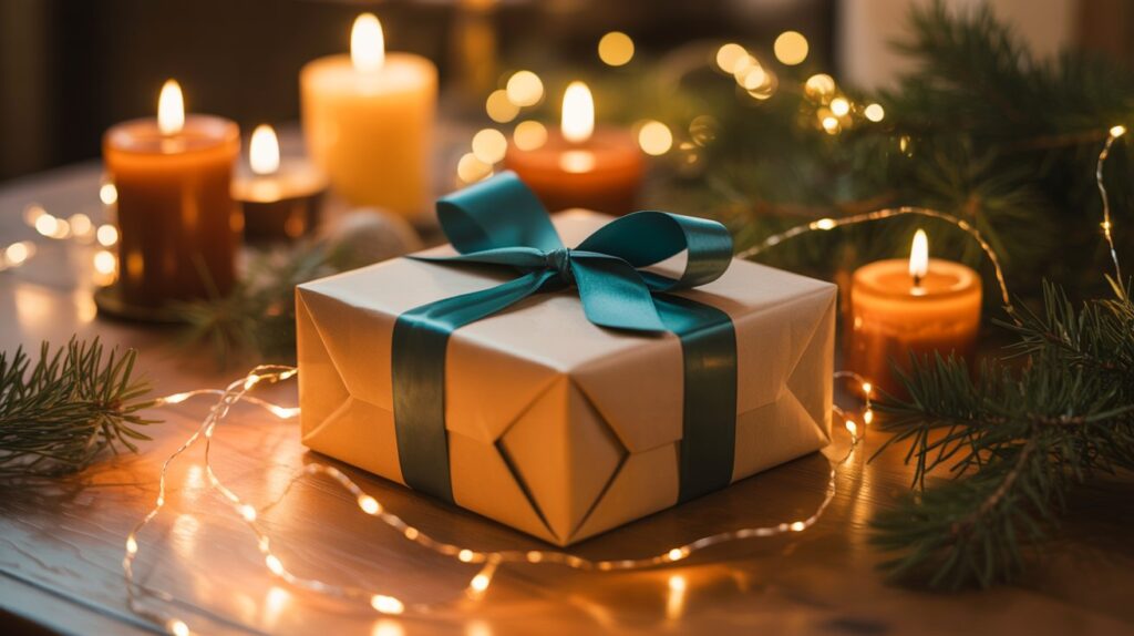 Ein festlich verpacktes Nikolausgeschenk für Papa steht auf einem Holztisch, geschmückt mit einer eleganten petrolfarbenen Schleife. Umgeben von brennenden Kerzen, Tannenzweigen und einer zarten Lichterkette entsteht eine warme, gemütliche Weihnachtsstimmung.