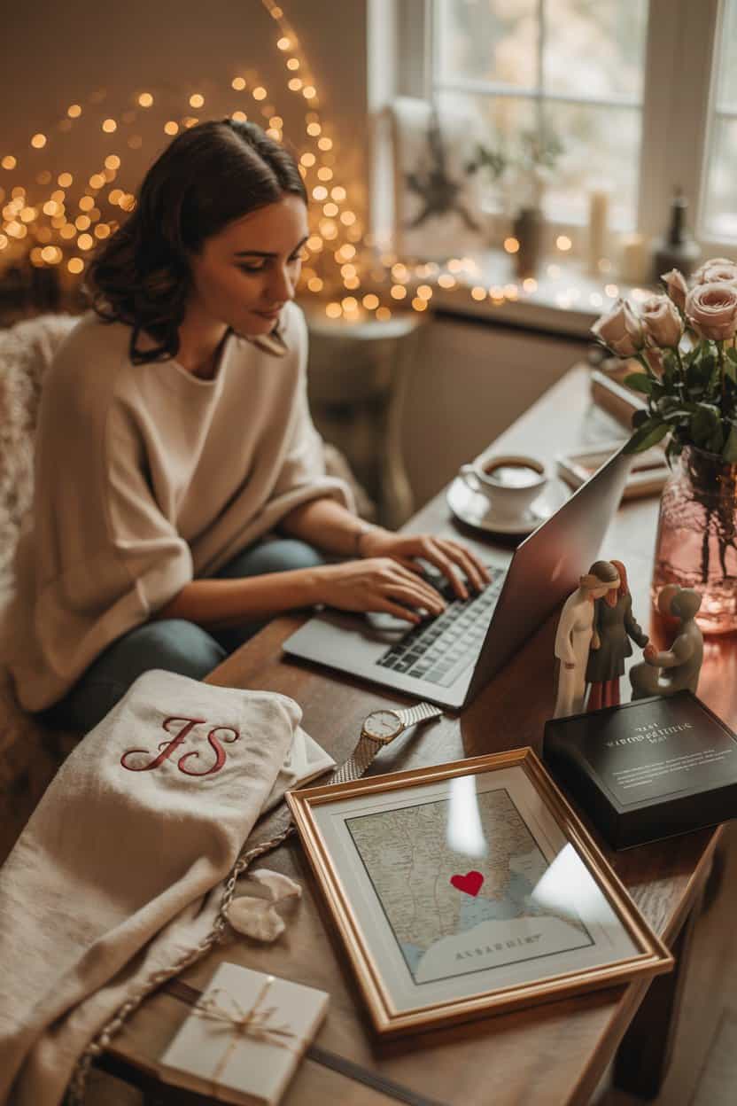 Eine Frau sitzt an einem Tisch und arbeitet an einem Laptop. Um sie herum liegen persönliche Geschenkideen wie ein gerahmter Kartenausschnitt mit Herzmarkierung, eine Uhr, ein besticktes Tuch mit Initialen, kleine Figuren, Blumen und ein verpacktes Geschenk. Die Szene ist warm beleuchtet und wirkt ruhig und persönlich.