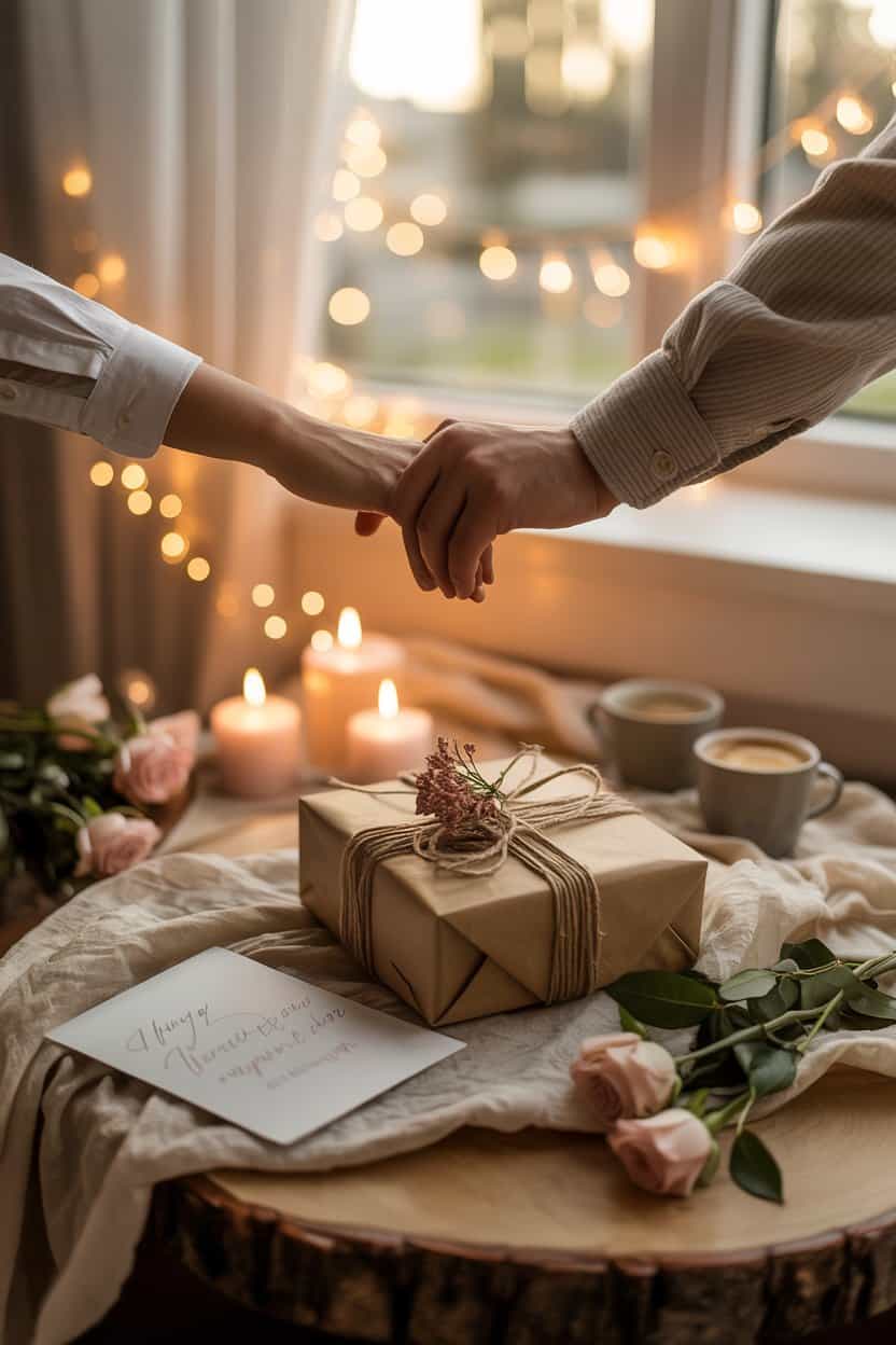 Zwei Personen halten sich an den Händen über einem kleinen Tisch. Darauf stehen ein in Papier verpacktes Geschenk, eine Karte, Kerzen, Tassen und Rosen. Lichterketten und warmes Kerzenlicht am Fenster sorgen für eine ruhige, romantische Atmosphäre.
