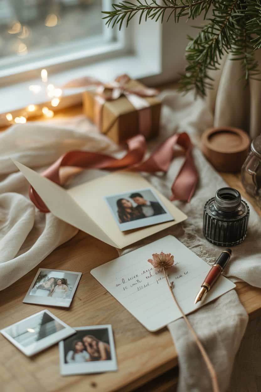 Auf einem Holztisch liegen eine geöffnete Karte, handgeschriebene Zeilen, ein Füller mit Tintenfass und mehrere kleine Sofortfotos eines Paares. Daneben befinden sich Geschenkband, ein verpacktes Geschenk, Stofftücher und Tannenzweige am Fenster, beleuchtet von warmem Licht.