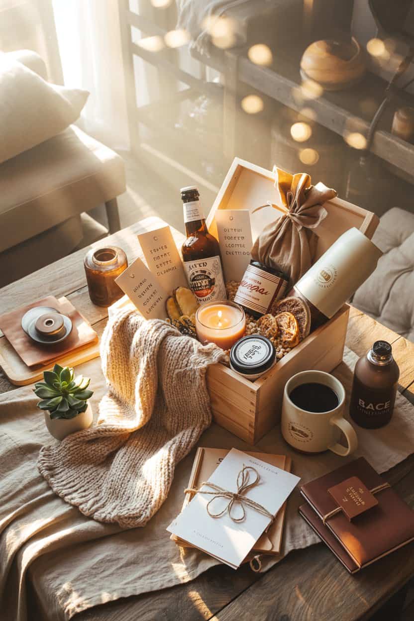 Auf einem Tisch steht eine liebevoll zusammengestellte Geschenkbox mit Decke, Kerze, Kaffee, Getränkeflasche, kleinen Gläsern, Snacks und Karten. Daneben liegen ein Notizheft, eine Tasse Kaffee und eine kleine Pflanze. Warmes Licht und weiche Textilien sorgen für eine gemütliche, persönliche Atmosphäre.