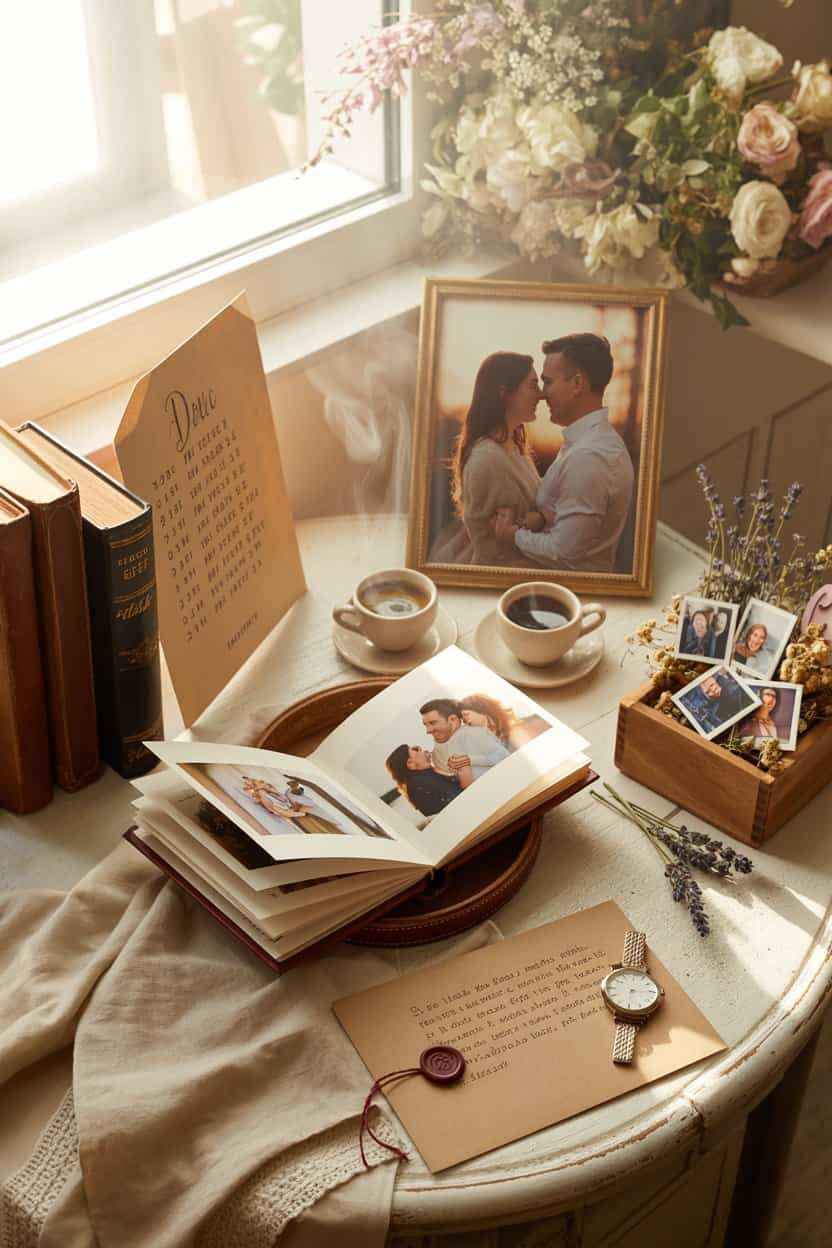 Auf einem runden Tisch am Fenster liegen persönliche Erinnerungsstücke: ein geöffnetes Fotobuch mit Paarfotos, gerahmte Bilder eines Paares, zwei Tassen Kaffee, handgeschriebene Briefe, eine Armbanduhr und kleine Fotoabzüge in einer Holzbox. Blumen, Bücher und warmes Tageslicht schaffen eine ruhige, intime Atmosphäre.