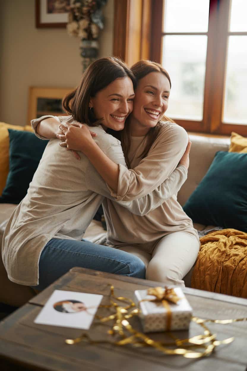 Zwei Frauen sitzen auf dem Sofa, umarmen sich herzlich und lächeln, auf dem Tisch davor liegt ein verpacktes Geschenk mit Schleife in wohnlicher Atmosphäre.
