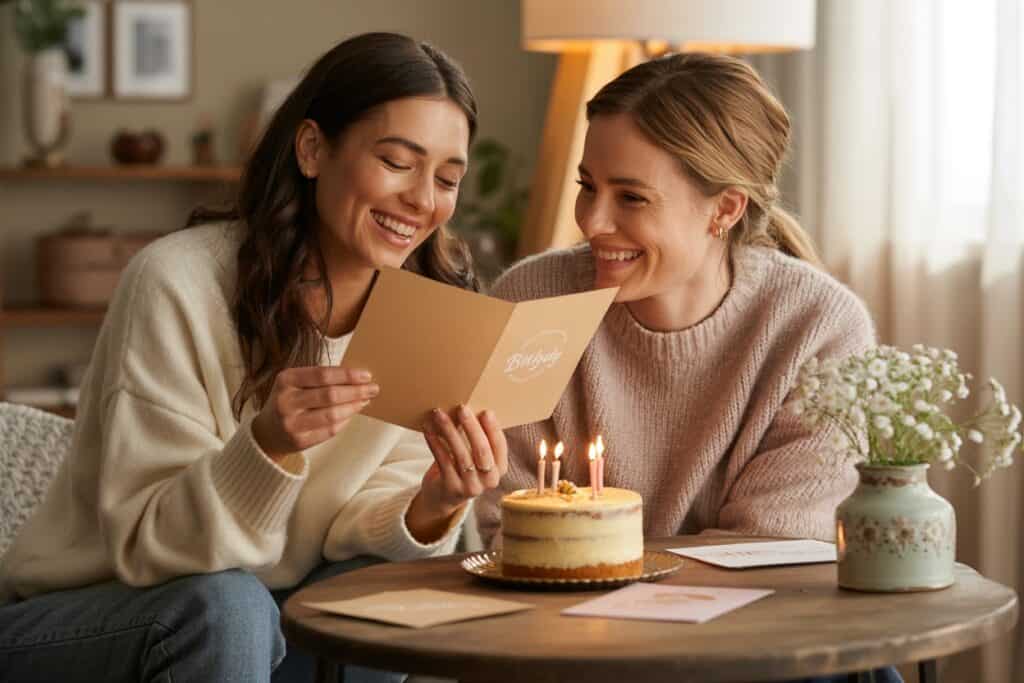 Zwei Frauen sitzen am Tisch, lesen gemeinsam eine Geburtstagskarte und lachen, vor ihnen steht ein kleiner Geburtstagskuchen mit Kerzen in gemütlicher Atmosphäre.
