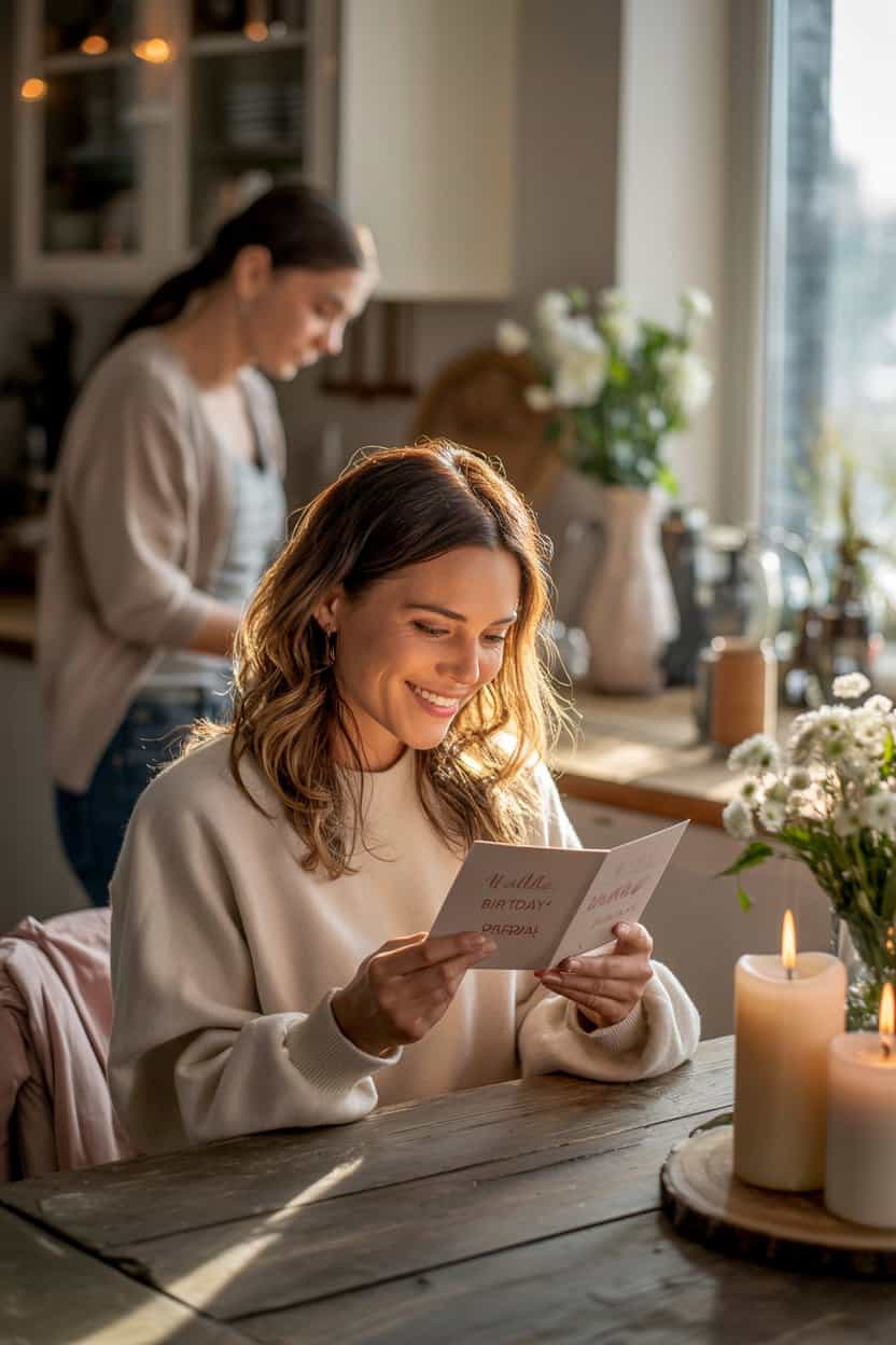 Eine Frau sitzt am Tisch, liest lächelnd eine Geburtstagskarte bei Kerzenlicht, im Hintergrund steht eine weitere Person in der Küche und bereitet etwas vor.