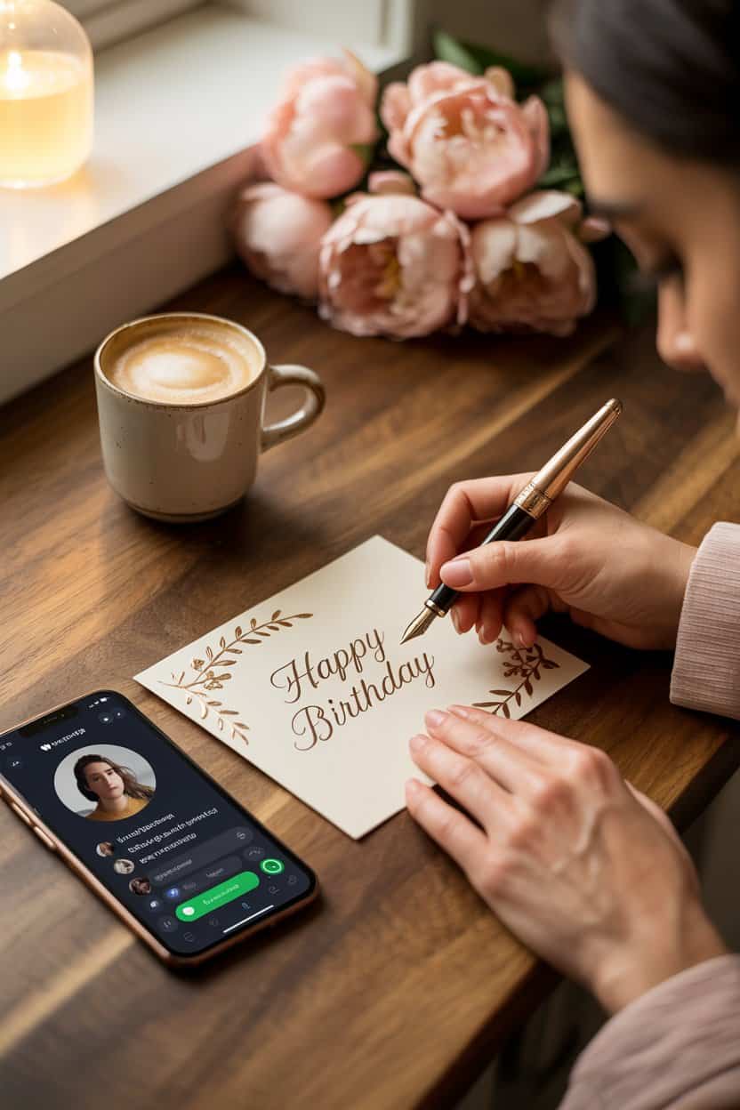 Eine Hand schreibt einen kurzen Geburtstagsgruß auf eine Karte, daneben liegt ein Smartphone mit geöffnetem Chat, auf dem Tisch stehen eine Kaffeetasse und Blumen.