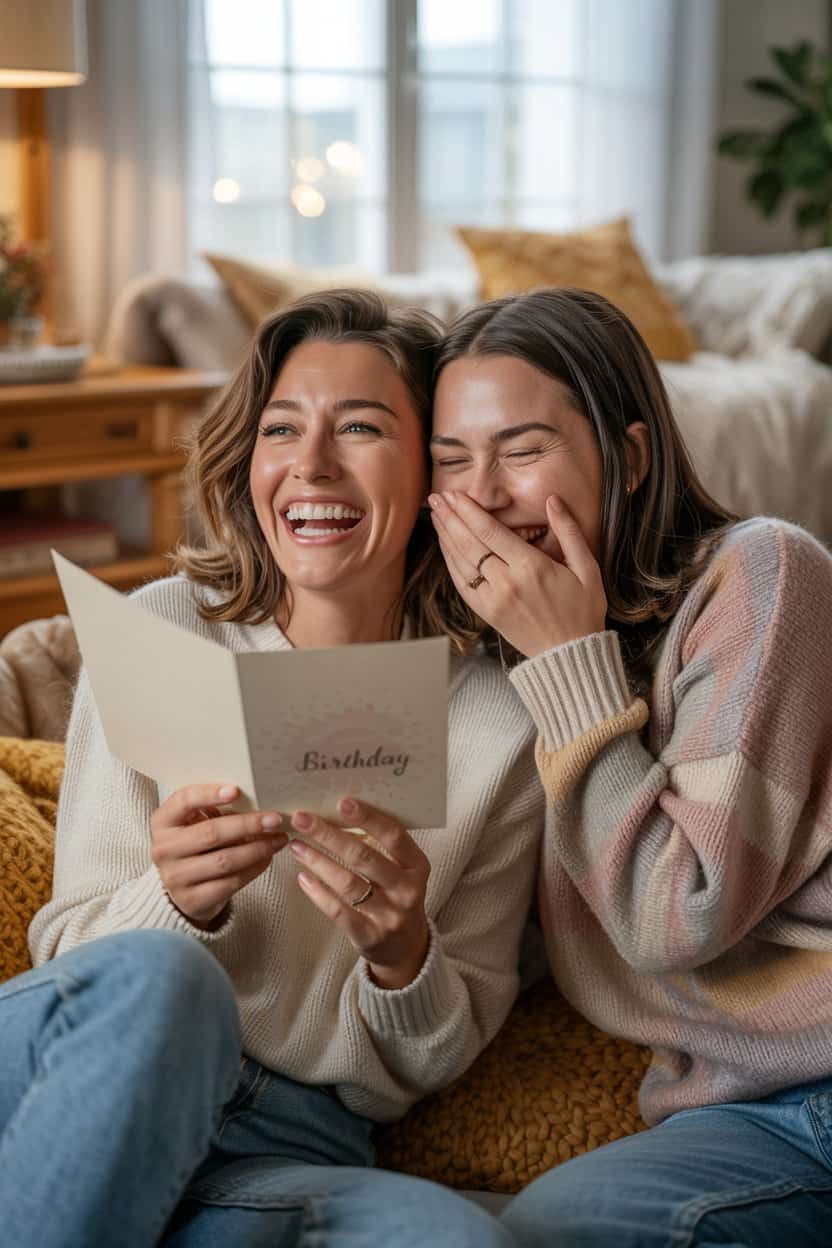 Zwei Freundinnen sitzen nebeneinander auf dem Sofa, lesen eine Geburtstagskarte und lachen herzhaft in gemütlicher Wohnzimmeratmosphäre.