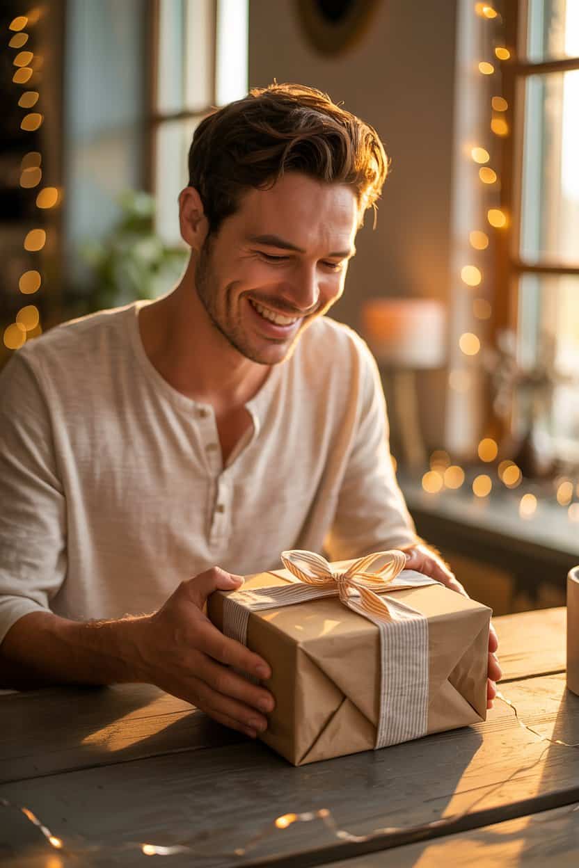 Mann hält eine liebevoll verpackte DIY Geschenkbox für Männer in den Händen.