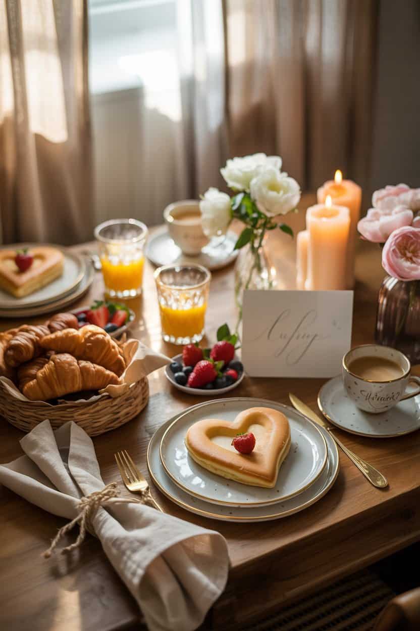 Liebevoll gedecktes Frühstück mit Herzkuchen als DIY-Valentinstagsüberraschung für ihn