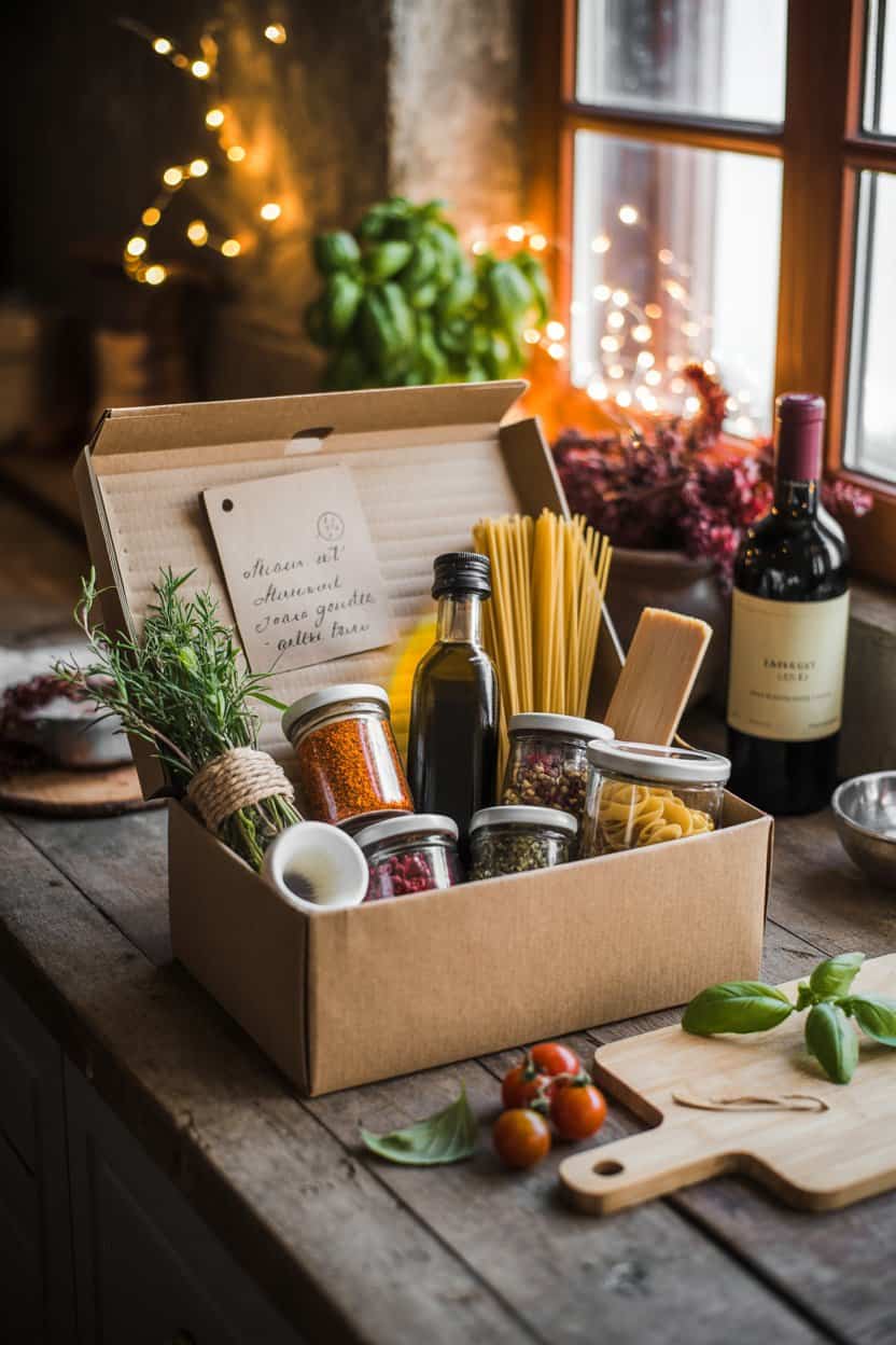 Selbstgemachte Kochbox mit Pasta, Gewürzen und Wein als DIY-Valentinstagsgeschenk für ihn