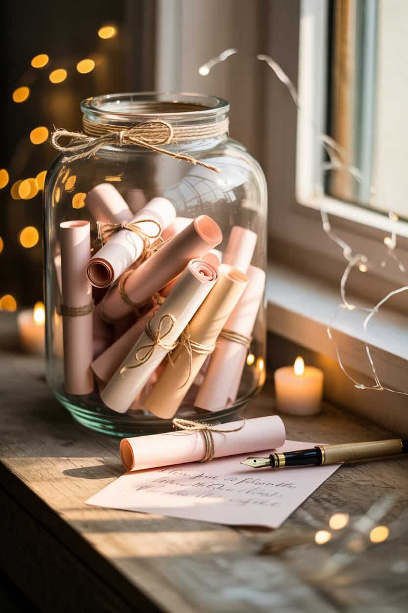 Glas mit gerollten Liebesbotschaften als selbstgemachtes Valentinstagsgeschenk für ihn