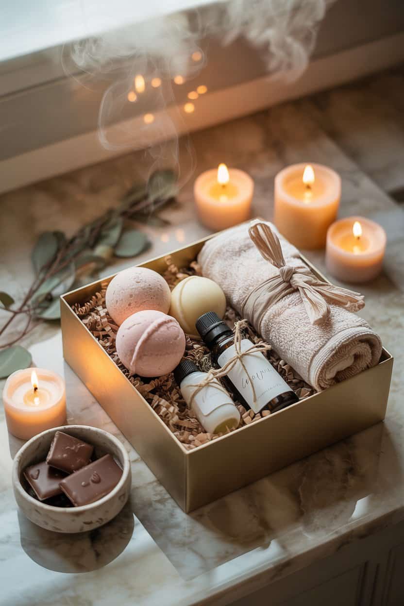 DIY Wellness-Geschenkbox mit Badezusätzen und Handtuch als Valentinstagsgeschenk für ihn