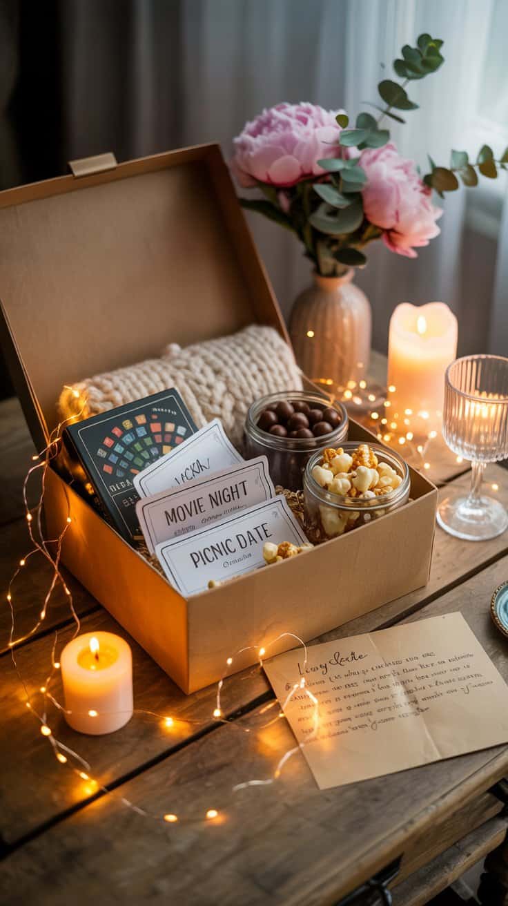 Selbstgemachte Date Night Geschenkbox mit Spielkarten, Snacks und Lichterkette als DIY Valentinstag Geschenk für ihn