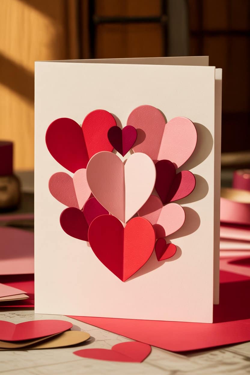 Aufrecht stehende Klappkarte aus hellem Papier mit mehreren ausgeschnittenen Herzen in Rot- und Rosatönen, die übereinander geklebt sind und einen dreidimensionalen Effekt bilden.