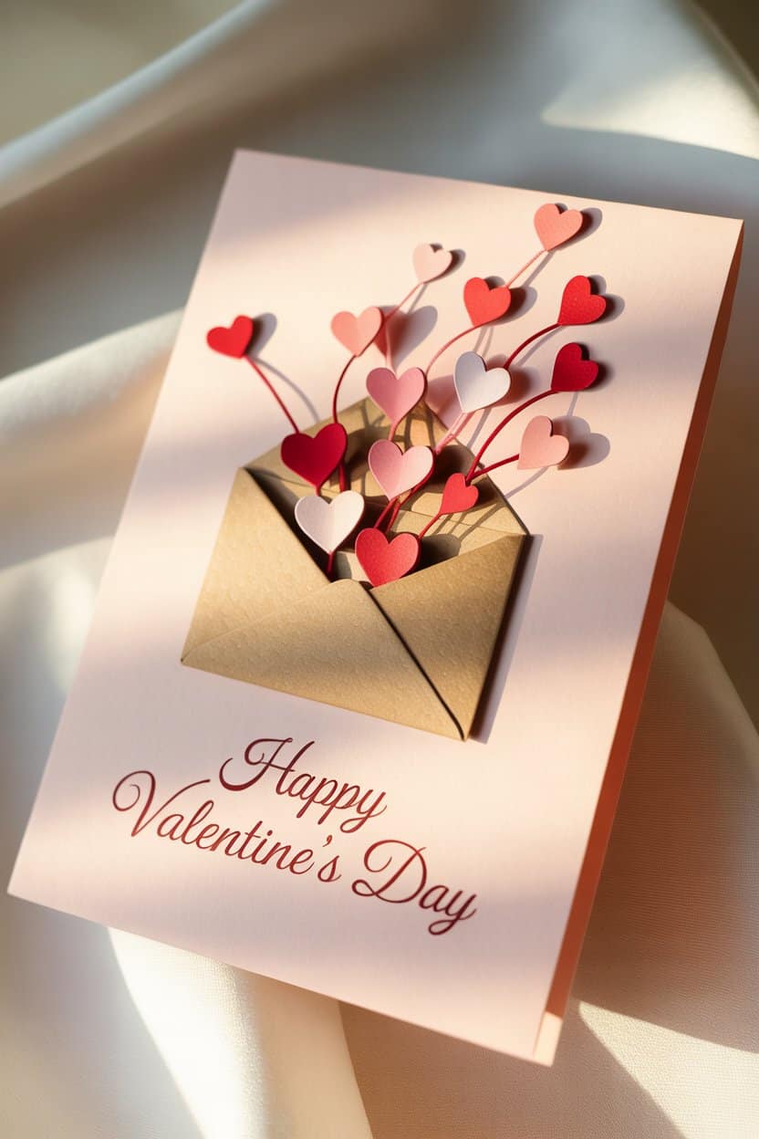 Quadratische Valentinstag Karte mit einem kleinen braunen Papierumschlag, aus dem viele dünne Papierstreifen mit roten und rosa Herzen nach oben herausragen.
