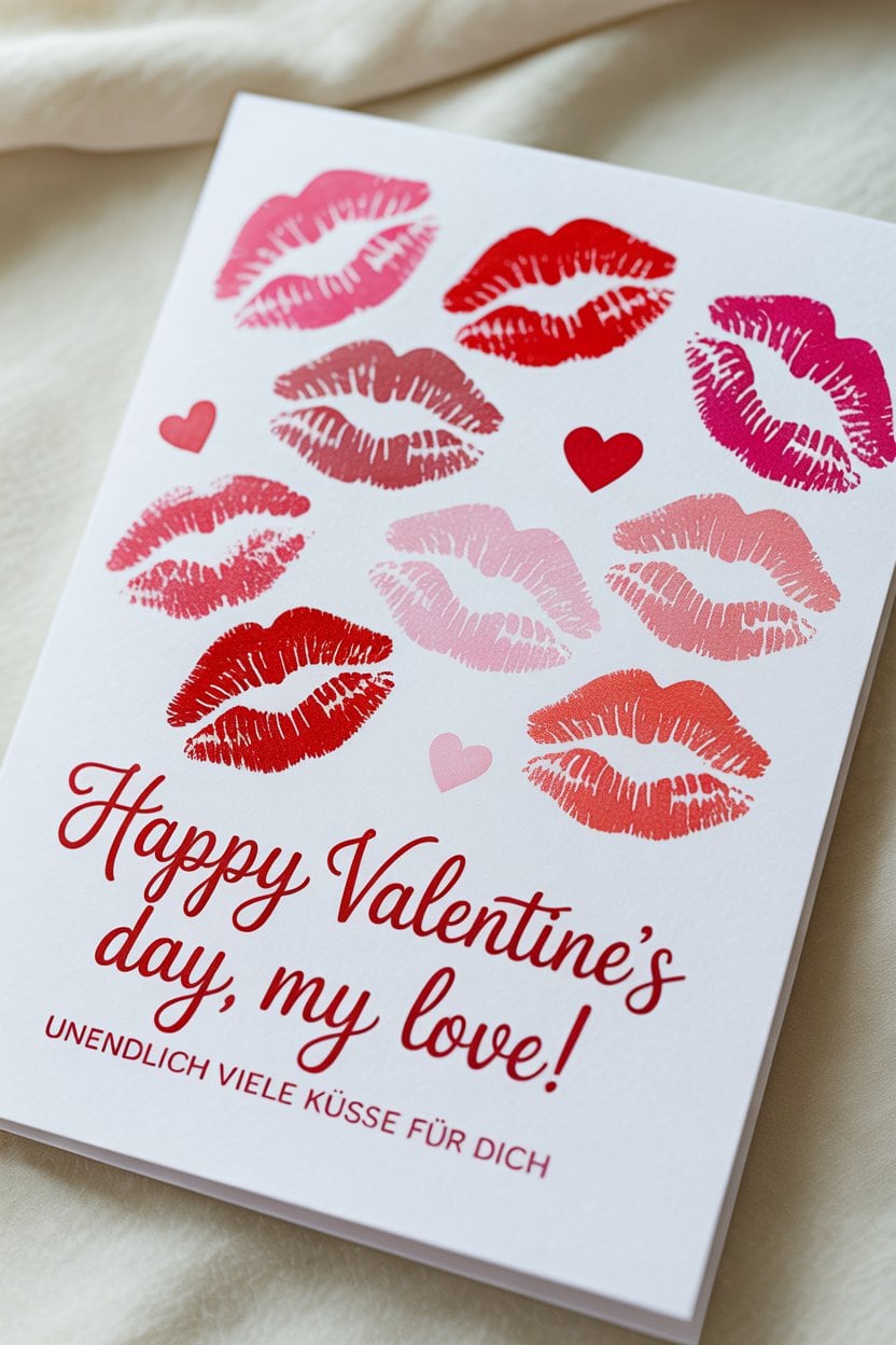 Weiße Karte mit mehreren Lippenabdrücken in verschiedenen Rot- und Rosatönen, verteilt über die gesamte Vorderseite, mit kleinem Herzmotiv dazwischen.
