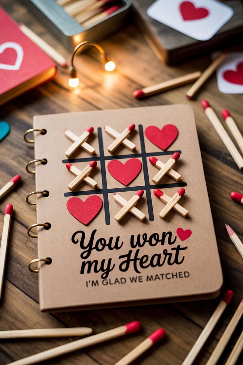 Karte mit einem aufgeklebten Tic-Tac-Toe-Spielfeld, bei dem Herzen und gekreuzte Streichhölzer als Spielfiguren verwendet werden, liegend auf einem Holztisch.