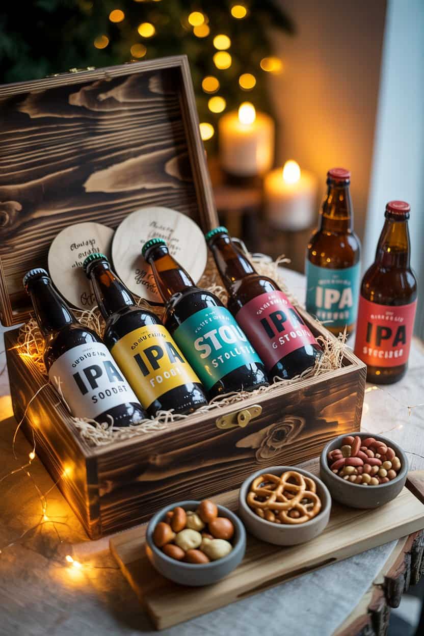DIY Geschenkbox für Männer mit verschiedenen Biersorten, Snacks und Lichterkette in einer Holzkiste.