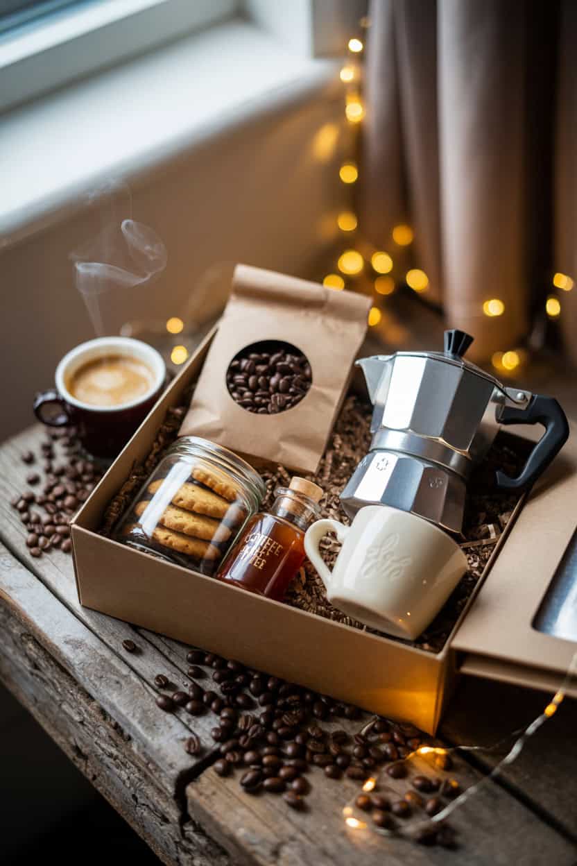 DIY Kaffee Geschenkbox für Männer mit Espressokocher, Kaffeebohnen, Tasse und Gebäck.