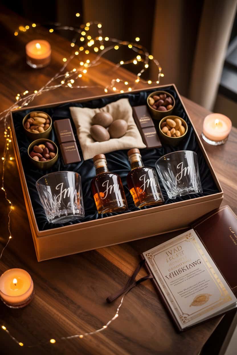 DIY Whisky Geschenkbox für Männer mit Whiskyflaschen, Gläsern, Snacks und stimmungsvoller Beleuchtung.