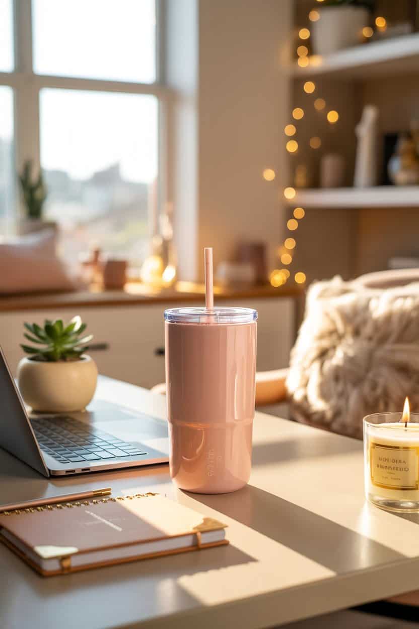 Ruhige Schreibtischszene mit Becher, Kerze und Notizbuch als gemütliche Geschenkidee für die Freundin zum Geburtstag