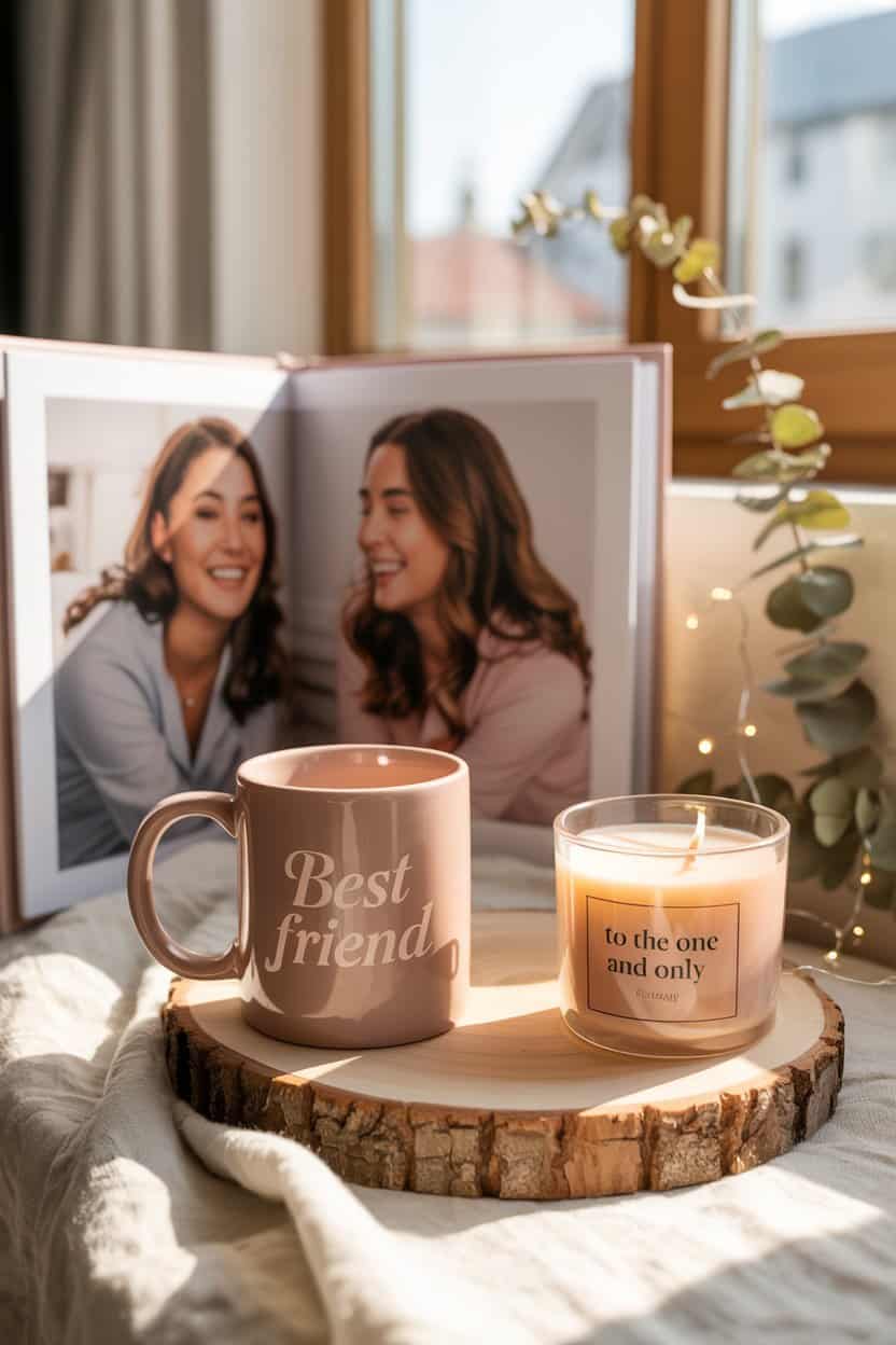 Tasse mit Aufschrift Best friend, Kerze und Fotobuch als persönliches Geschenk zum Geburtstag
