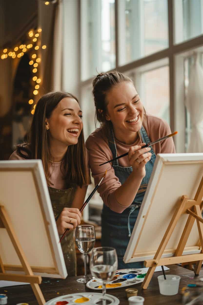 Zwei Freundinnen malen gemeinsam auf Leinwänden als kreative Geschenkidee zum Geburtstag