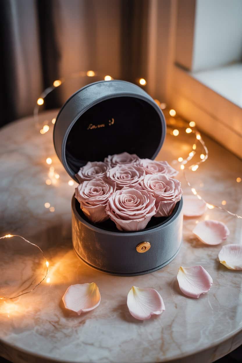 Rosenbox mit zarten Rosen und Lichterkette als emotionales Geburtstagsgeschenk für die Freundin