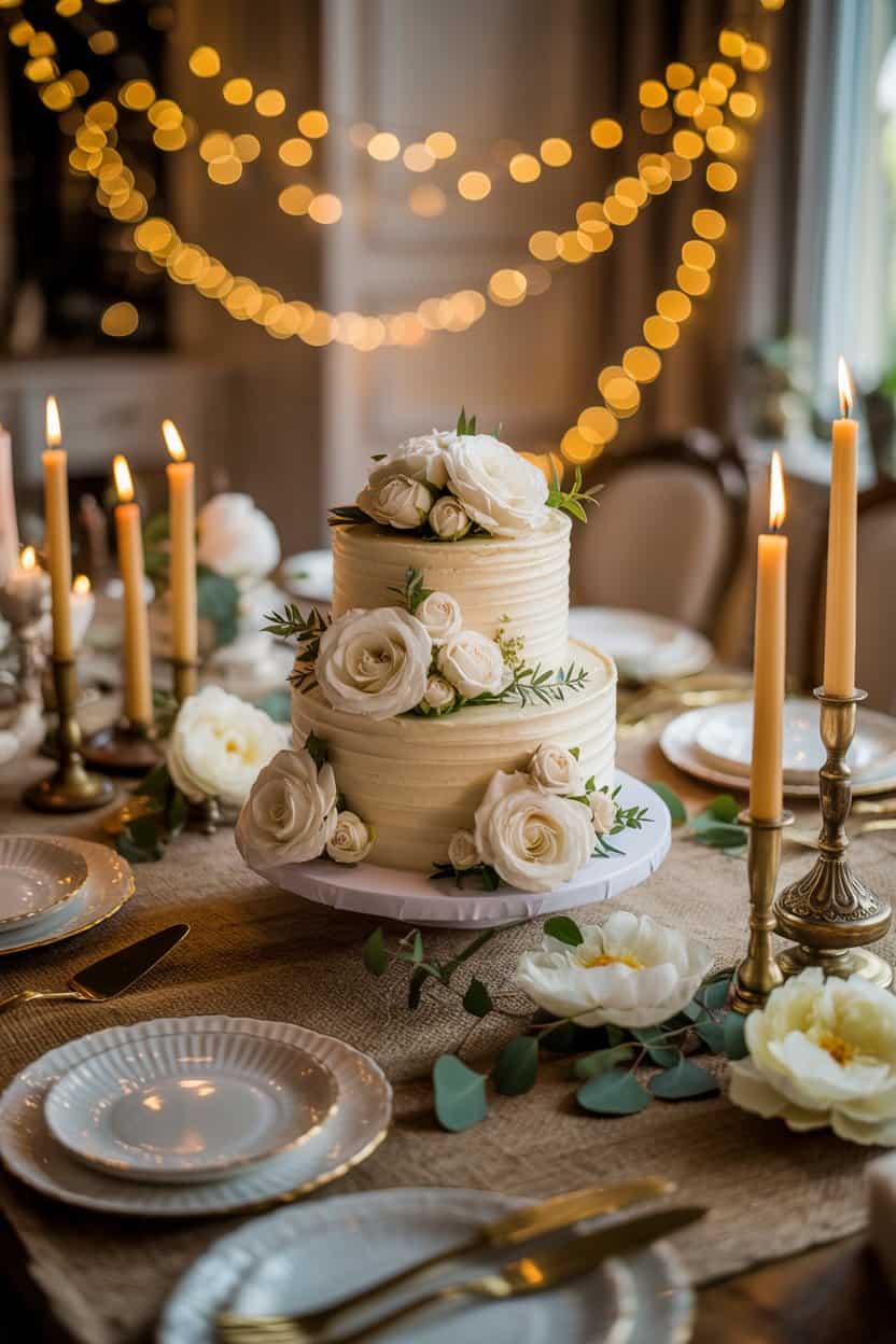 Festlich gedeckter Tisch mit mehrstöckiger Geburtstagstorte, Kerzen und Blumen in warmer Lichtstimmung.