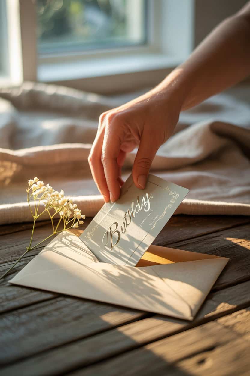 Eine Hand steckt eine Geburtstagskarte in einen Umschlag, daneben liegen kleine Blumen auf einem Holztisch im Tageslicht.