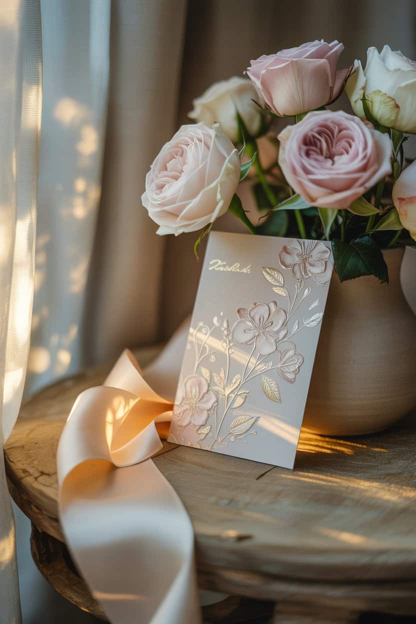 Zarter Blumenstrauß steht auf einem Tisch, davor lehnt eine florale Geburtstagskarte in hellem Licht.