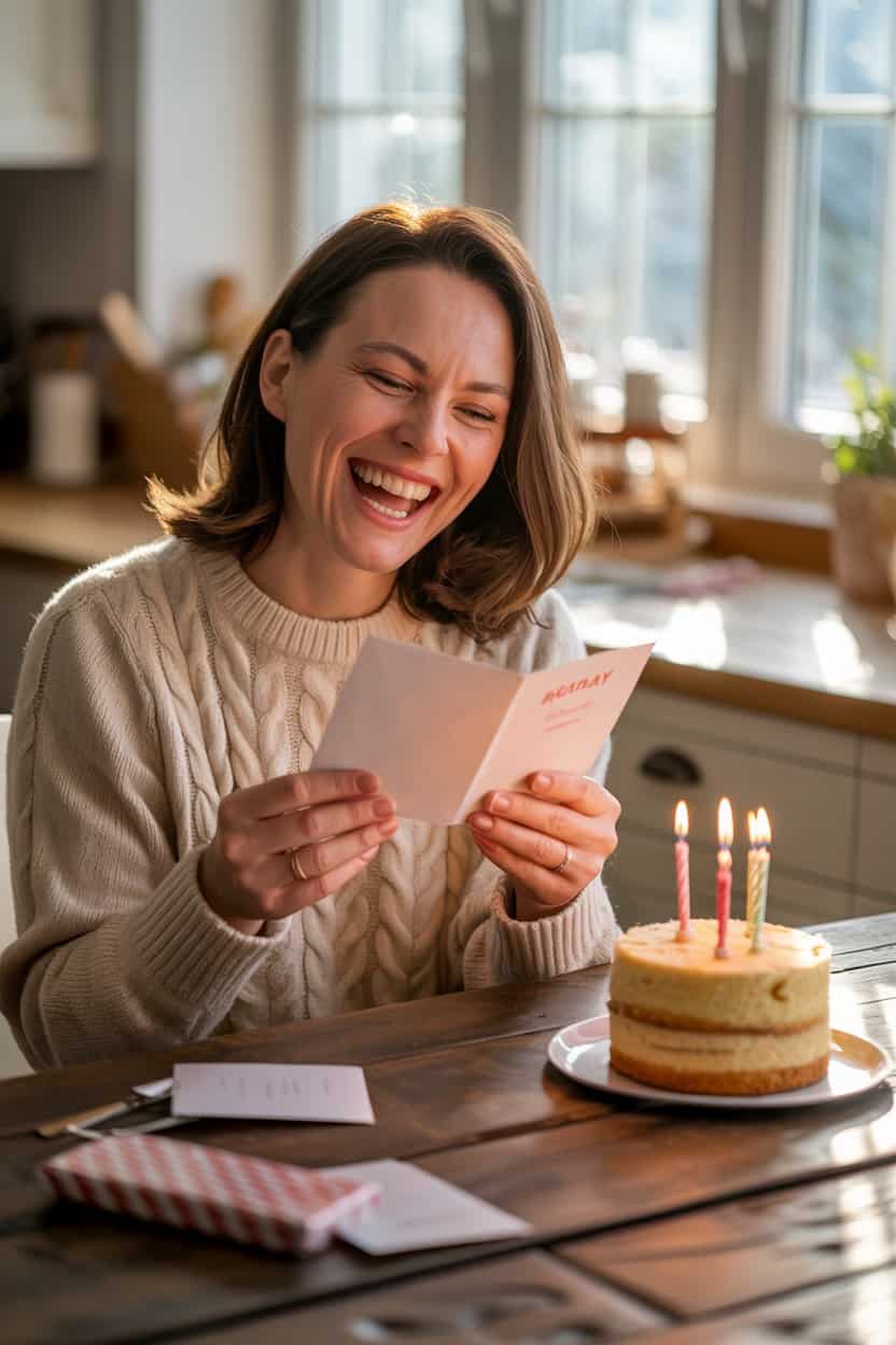 Eine Frau sitzt am Tisch, liest lachend eine Geburtstagskarte, vor ihr steht ein kleiner Kuchen mit brennenden Kerzen.
