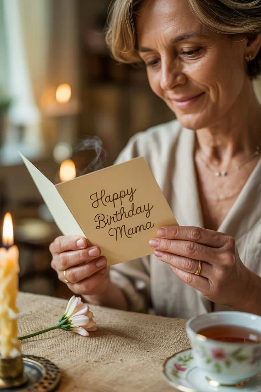 Eine Frau hält eine Geburtstagskarte in den Händen und liest sie bei Kerzenlicht in ruhiger Atmosphäre.