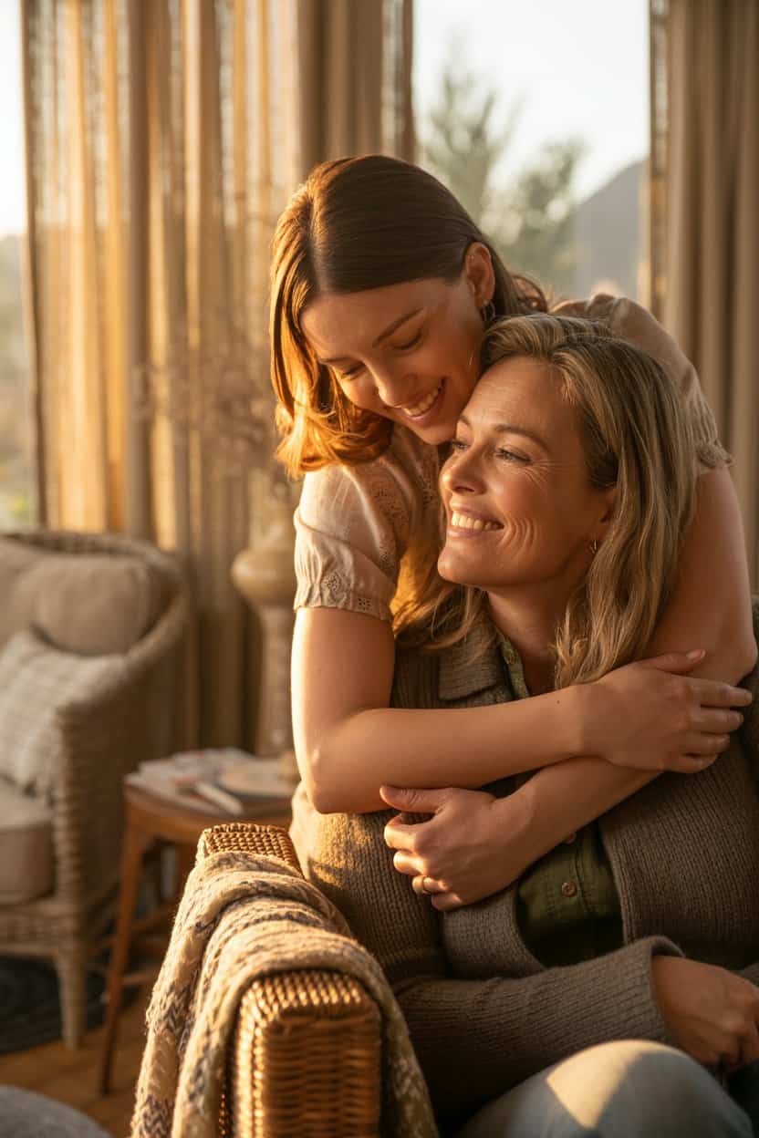 Eine Frau umarmt ihre Mutter von hinten, beide lächeln entspannt in warmem Licht am Fenster.