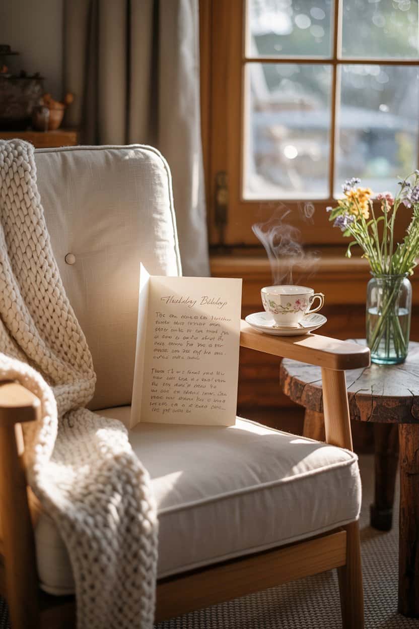 Eine offene Geburtstagskarte liegt auf einem gemütlichen Sessel neben einer Tasse Tee in ruhiger Wohnatmosphäre.