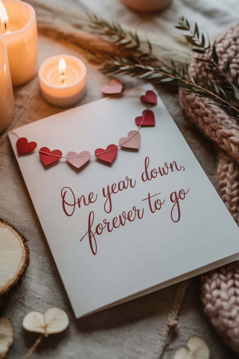 Eine Grußkarte mit dem Schriftzug „One year down, forever to go“ liegt auf einem Tisch. Kleine Papierherzen sind an einer Schnur befestigt. Kerzen und weiche Stoffe sorgen für eine warme, romantische Atmosphäre.