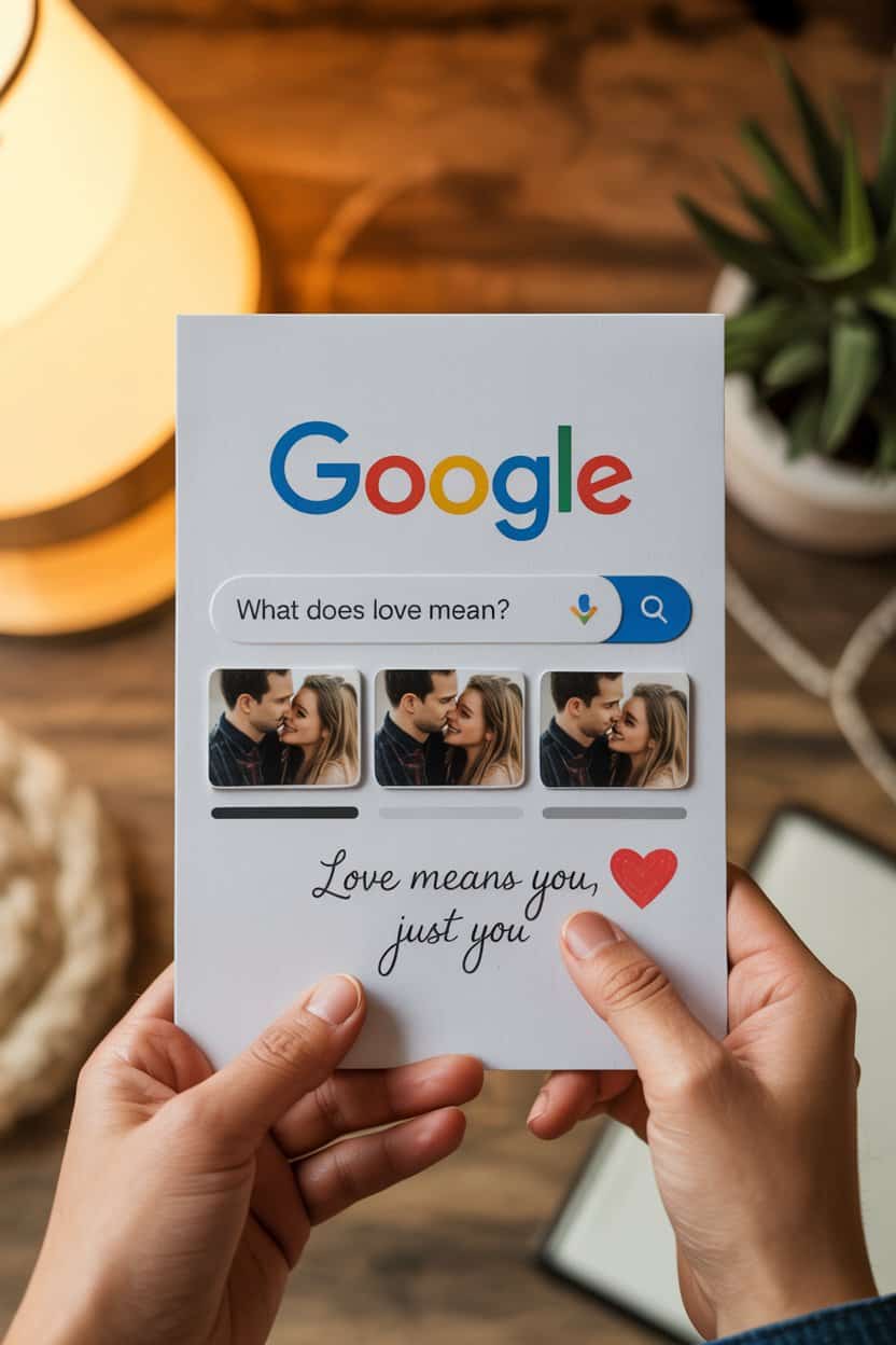 Zwei Hände halten eine Karte im Design einer Google-Suche. Zu sehen ist die Frage „What does love mean?“ sowie Fotos eines Paares und der Satz „Love means you, just you“ mit einem roten Herz.