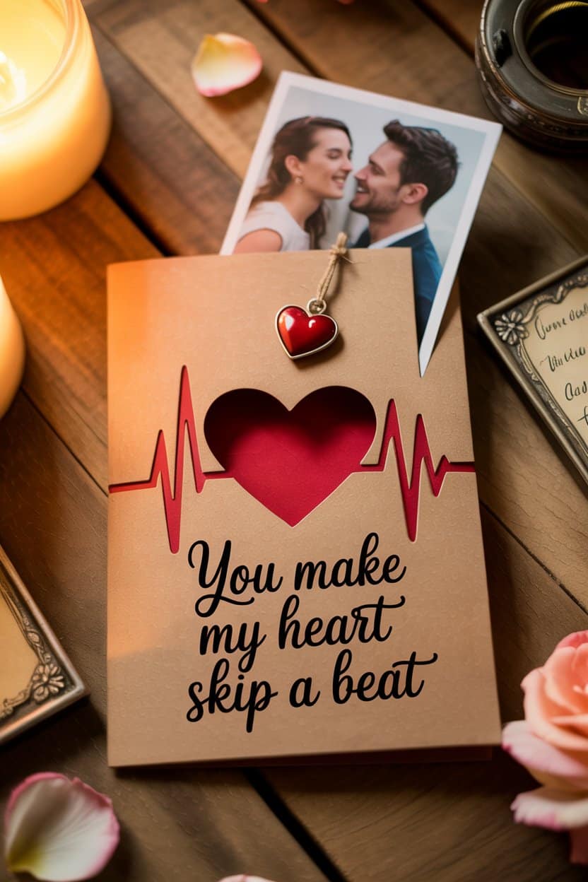 Eine Karte mit ausgeschnittenem Herz und dem Schriftzug „You make my heart skip a beat“ liegt auf einem Holztisch. Daneben befinden sich ein Foto eines Paares, Kerzen, Blütenblätter und kleine Dekoelemente.
