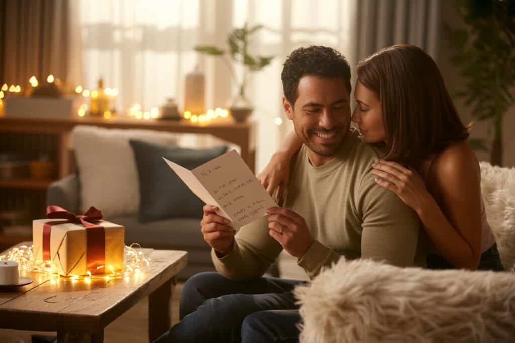 Ein Mann sitzt auf einem Sofa und liest eine handgeschriebene Karte. Eine Frau steht hinter ihm, legt die Arme um seine Schultern und schaut liebevoll auf die Karte. Auf dem Tisch liegt ein verpacktes Geschenk mit Lichterkette in warmem Licht.