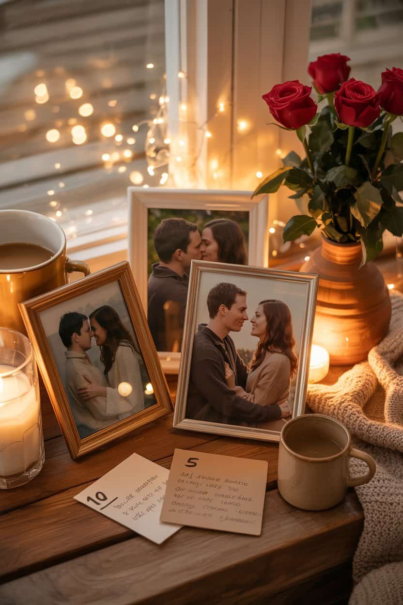 Mehrere gerahmte Fotos eines Paares stehen auf einer Fensterbank. Daneben liegen handgeschriebene Karten, Tassen mit Kaffee, Kerzen und rote Rosen. Lichterketten sorgen für eine warme, nostalgische Stimmung.