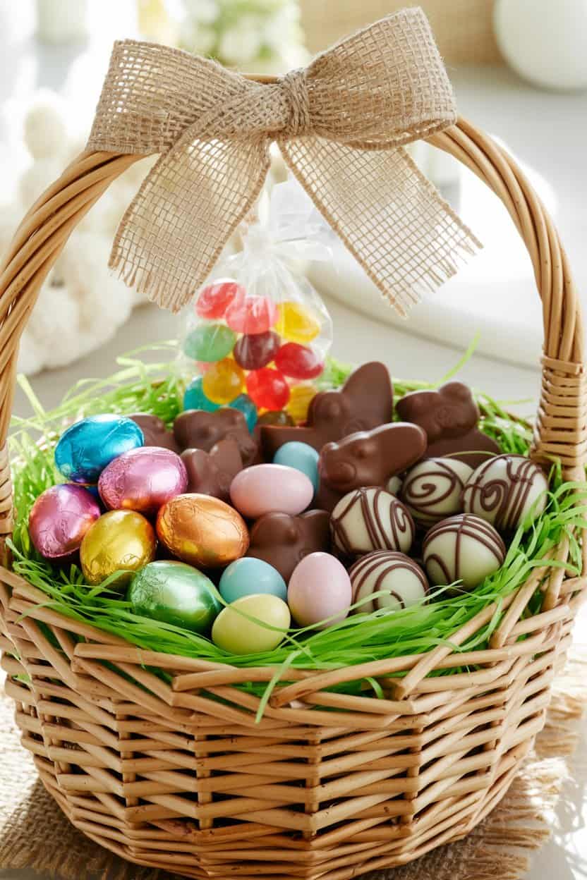 Geflochtenes Osterkörbchen mit bunten Schokoeiern, Schokohasen und Süßigkeiten auf grünem Ostergras