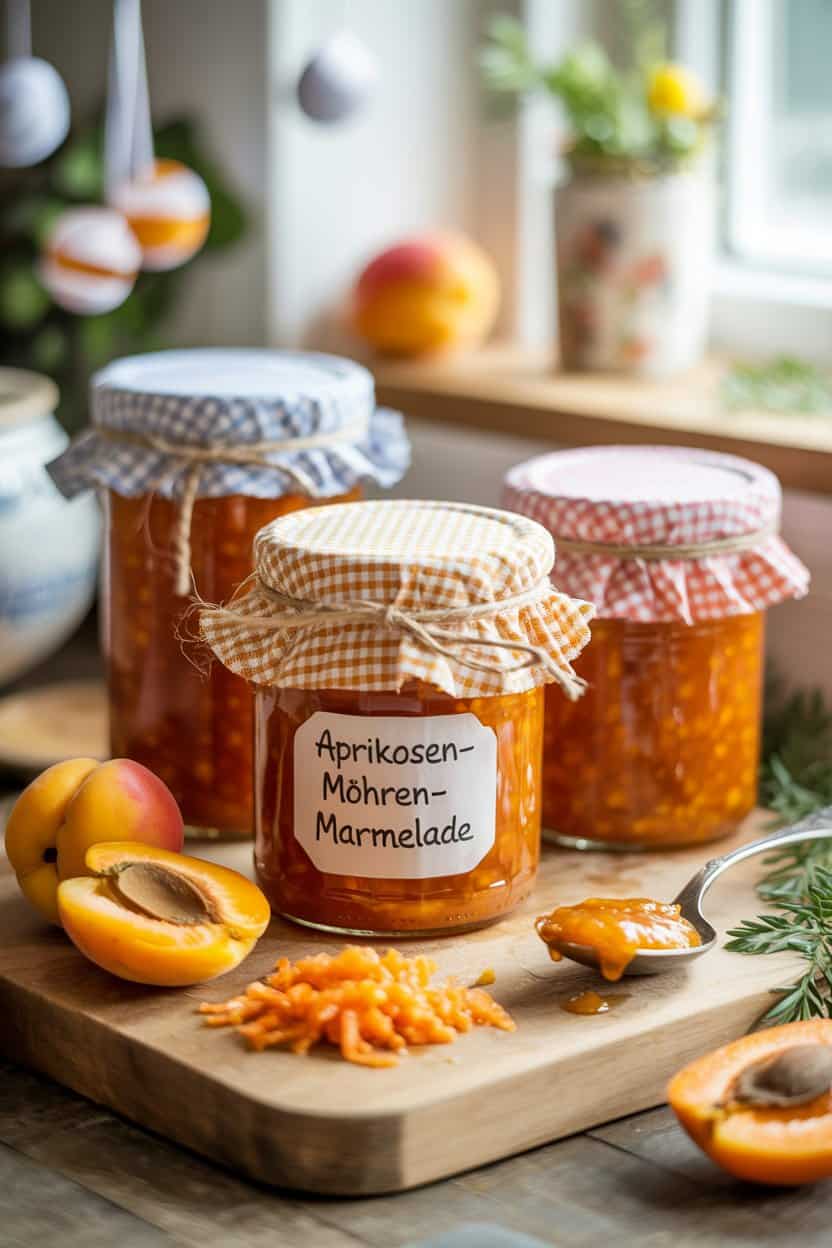 Drei Gläser Aprikosen-Möhren-Marmelade mit karierten Stoffhauben und handgeschriebenen Etiketten auf Holzbrett