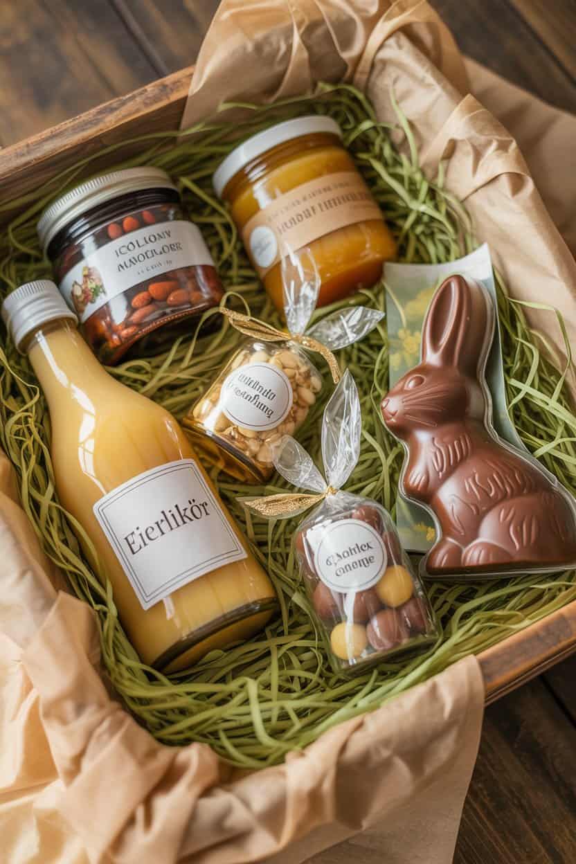Oster-Geschenkbox mit Eierlikör, Marmelade, gebrannten Mandeln und Schokohasen auf grünem Ostergras in Holzkiste