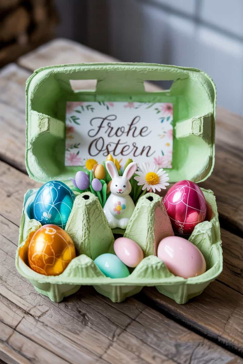 Eierkarton als Mini-Osterkörbchen mit bunten Eiern, kleinem Keramikhasen, Schokoeiern und Blume, Deckel beklebt mit Frohe Ostern